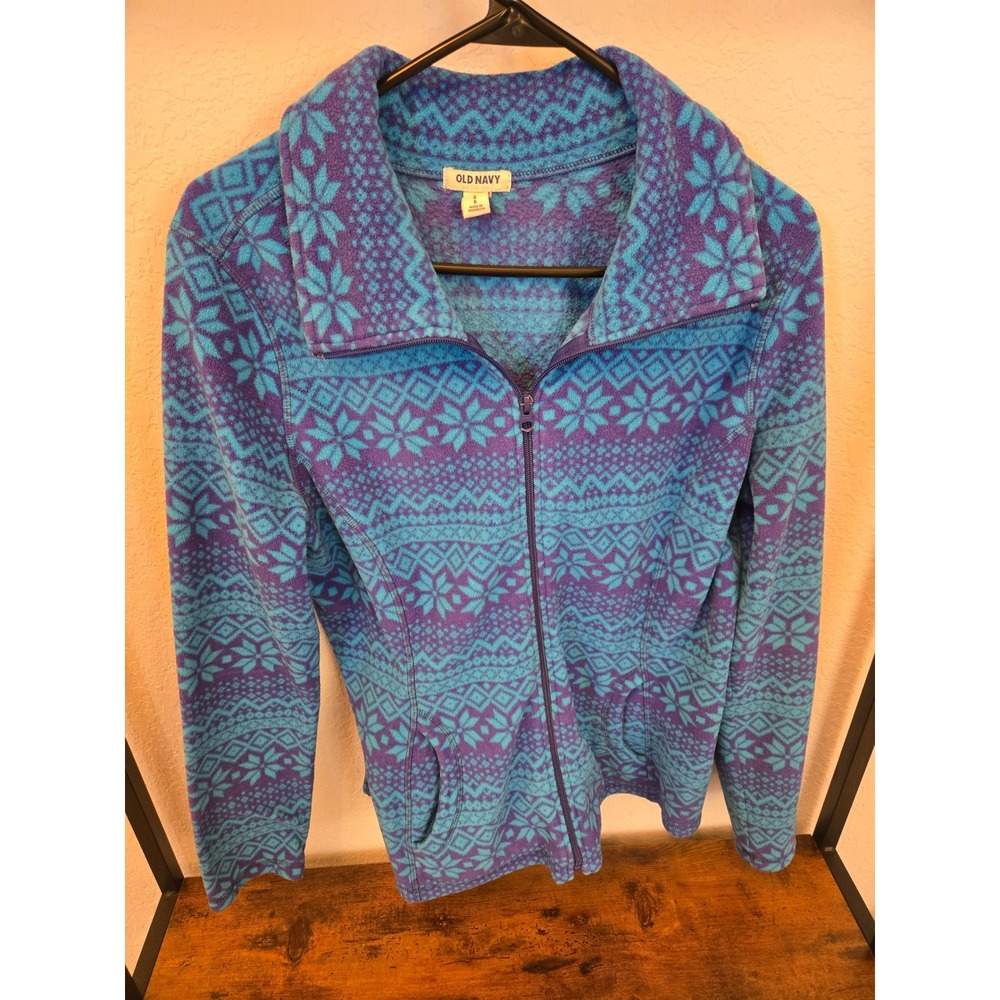 Old Navy Womens Fleece Jacket Snowflake Fair Isle Print Zip Up Size Large